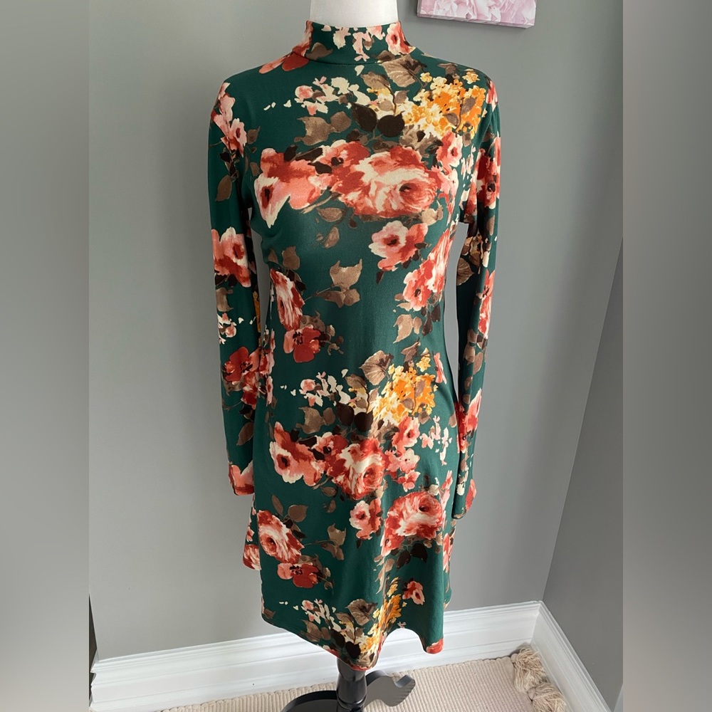 Rebel Sugar Green Floral Long Sleeve Mock Neck Dress